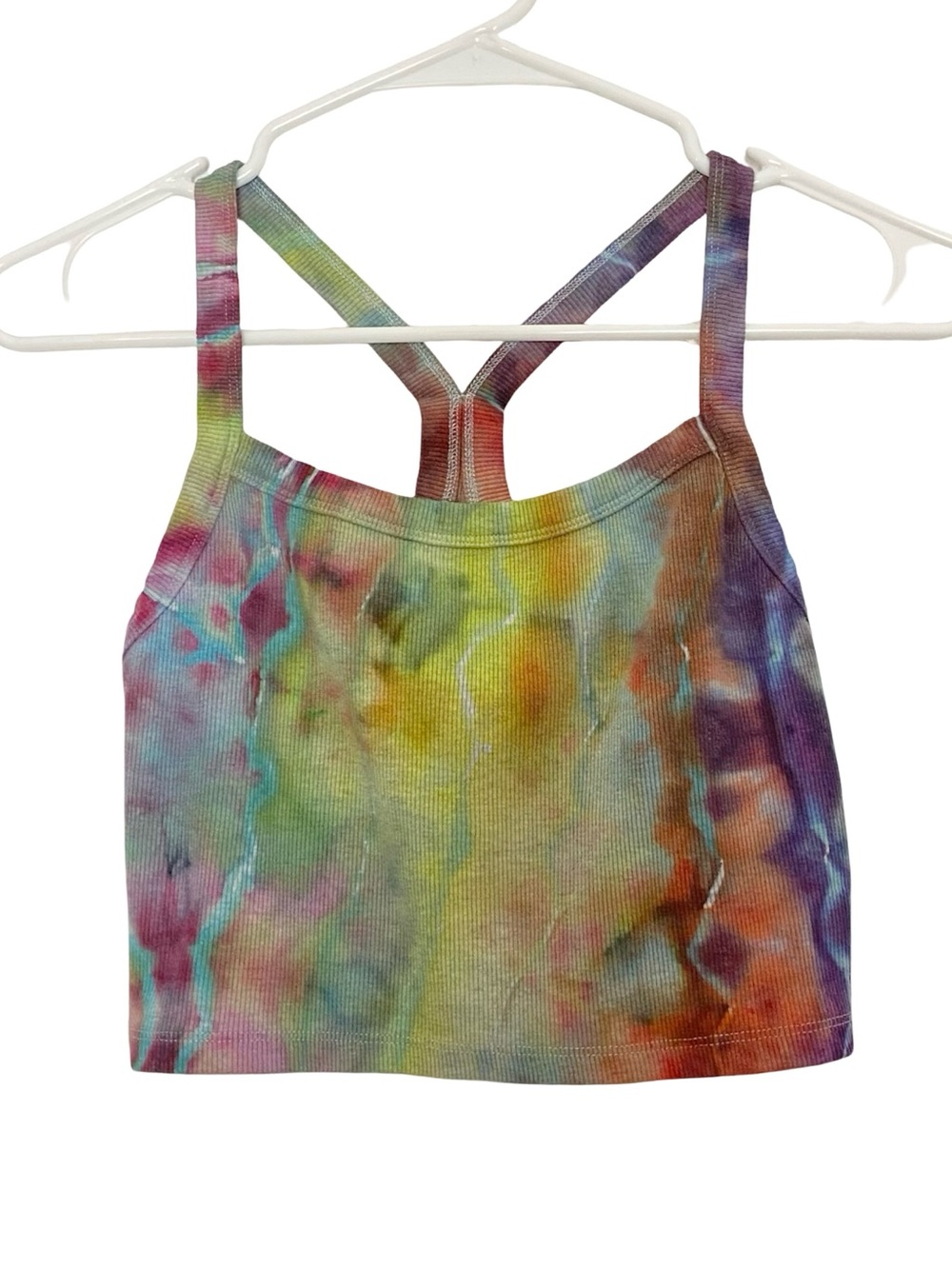 Handmade Ice Tie Dye Crop Tank Top Womens Size Small Upcycled Blue Yellow Multi